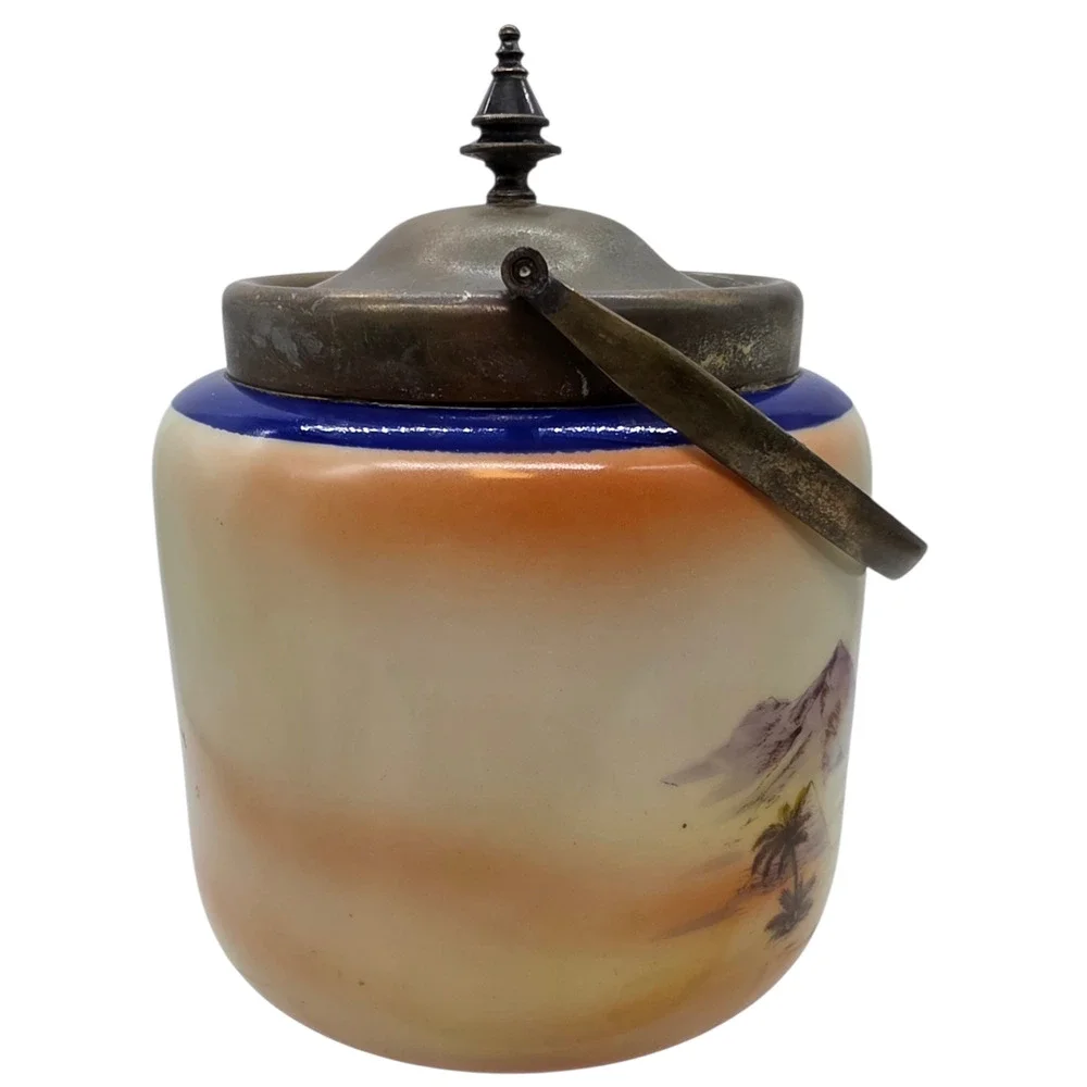 VINTAGE CZECH DESERT SCENE COVERED BISCUIT JAR PORCELAIN WITH METAL FRAME